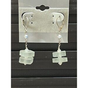 Sterling Silver Australia Crystal & Rectangular Mint Sea Glass Artisan Earrings
